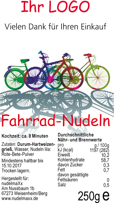 Fahrrad-Nudeln Etikett Nudelmaxx